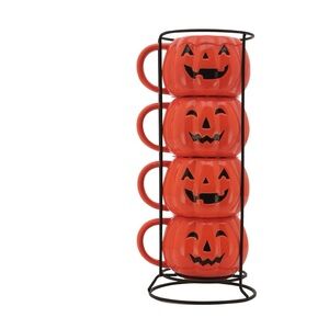 New in box Set of 4 Pumpkin Face Mugs with Stand